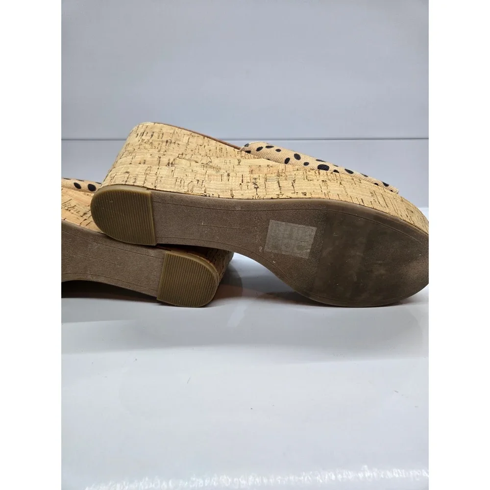Dolce Vita Polka Dot Canvas Cork Wedge Sandals Tan Black Open Toe Mules Size 8